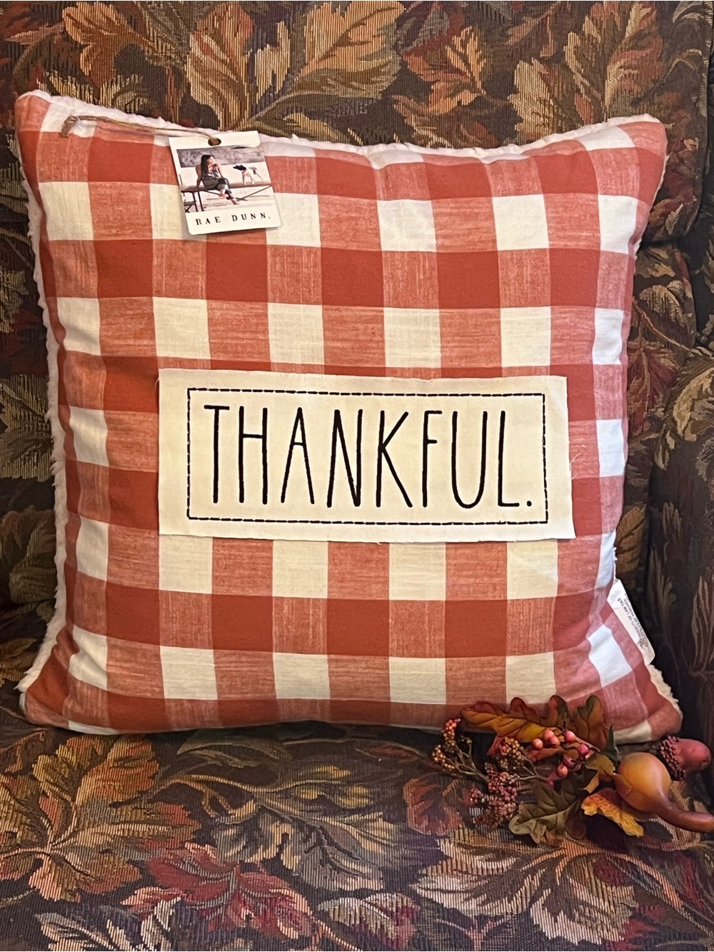 Rae Dunn Orange Plaid THANKFUL Pillow 🍂
